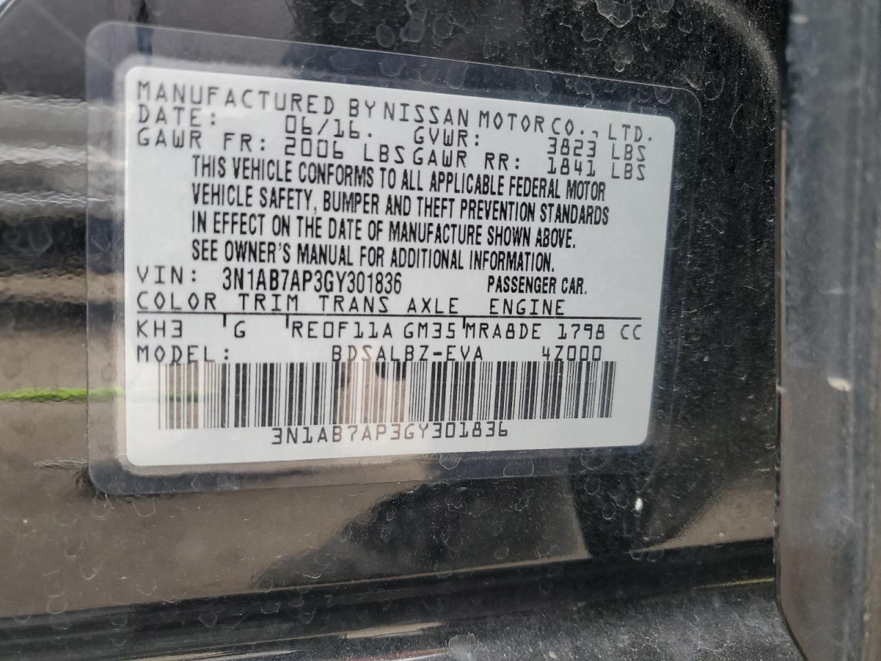 2016 Nissan Sentra S VIN: 3N1AB7AP3GY301836 Lot: 71693535