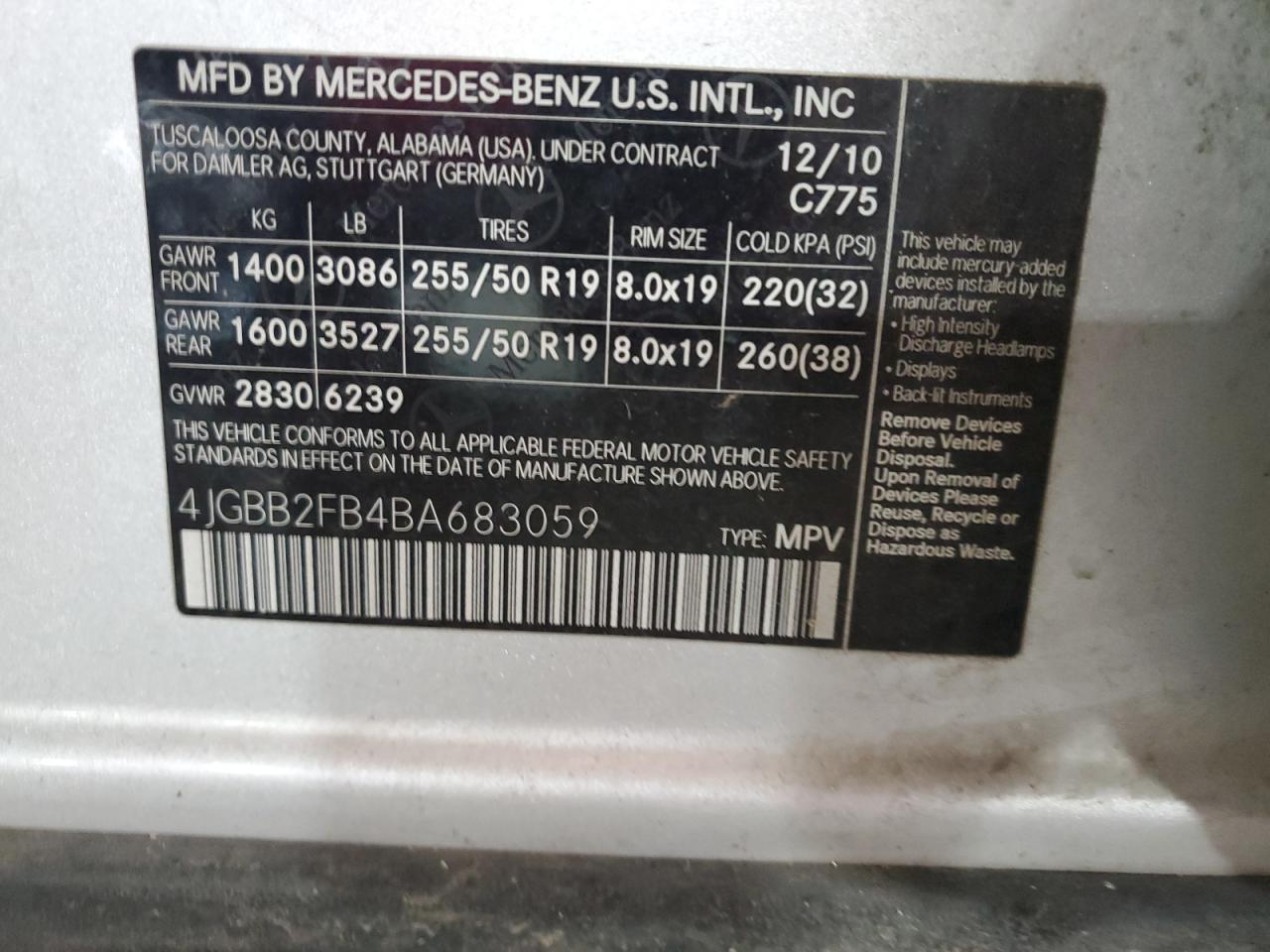 2011 Mercedes-Benz Ml 350 Bluetec VIN: 4JGBB2FB4BA683059 Lot: 84273235