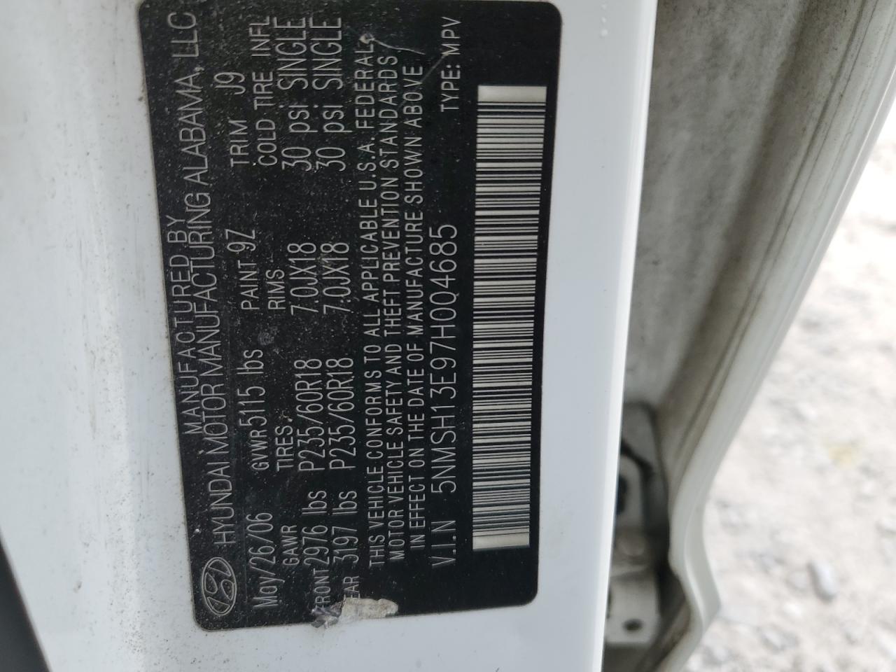 2007 Hyundai Santa Fe Se VIN: 5NMSH13E97H004685 Lot: 80186405