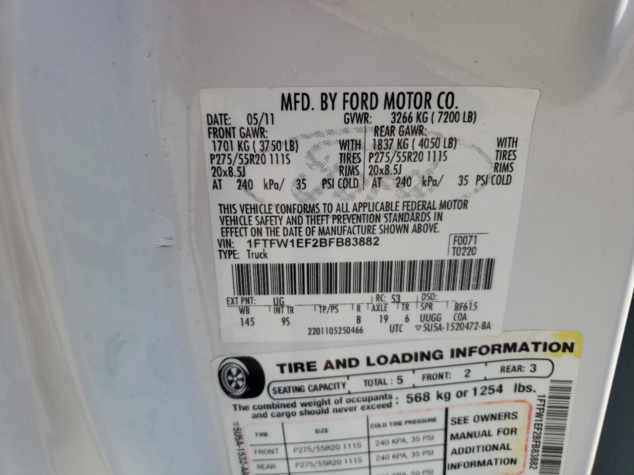 2011 Ford F150 Supercrew VIN: 1FTFW1EF2BFB83882 Lot: 84282365