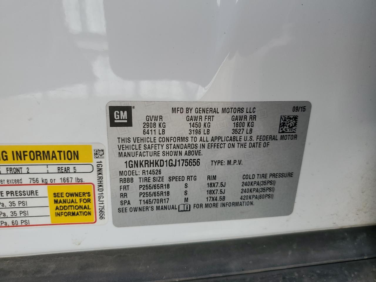 2016 Chevrolet Traverse Lt VIN: 1GNKRHKD1GJ175656 Lot: 71289455