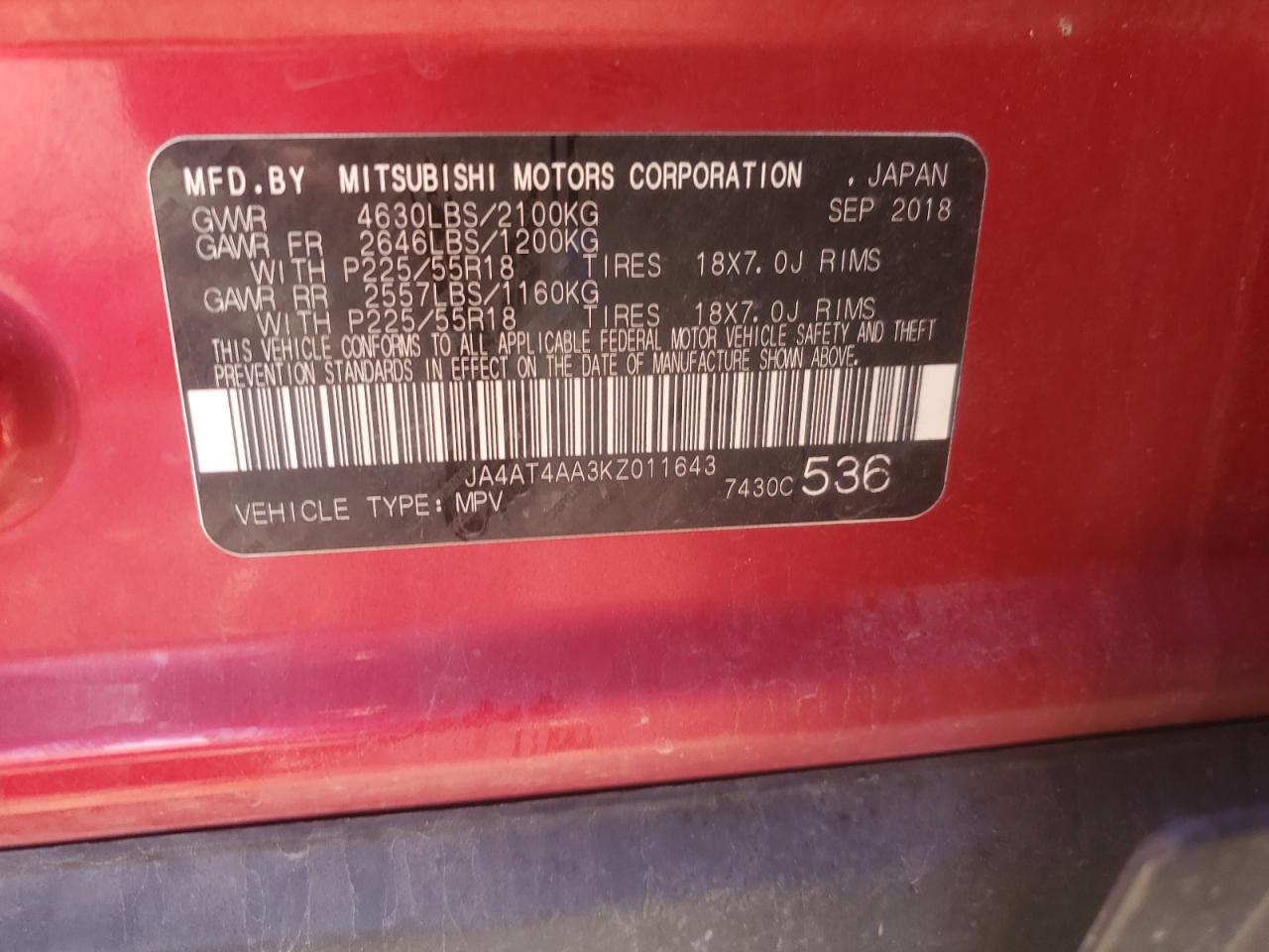 2019 Mitsubishi Eclipse Cross Le VIN: JA4AT4AA3KZ011643 Lot: 80340095