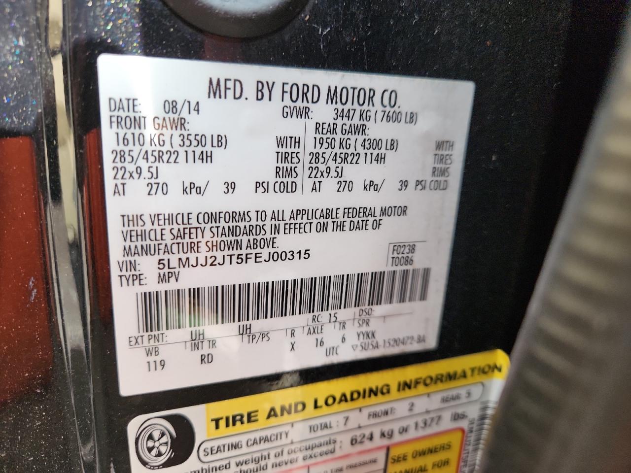 2015 Lincoln Navigator VIN: 5LMJJ2JT5FEJ00315 Lot: 83801535