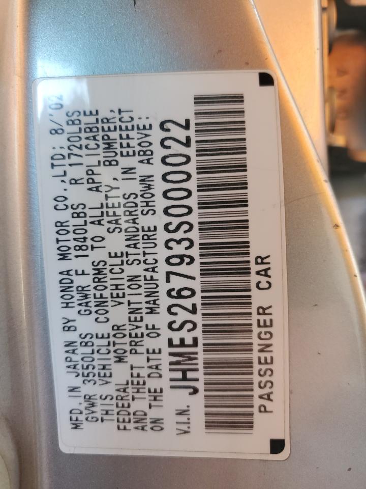 2003 Honda Civic Ex VIN: JHMES26793S000022 Lot: 81769945