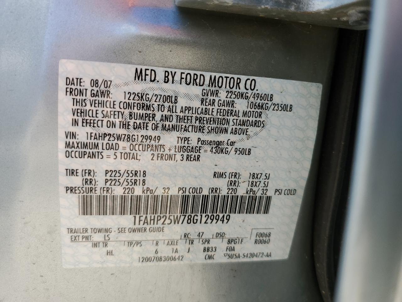2008 Ford Taurus Limited VIN: 1FAHP25W78G129949 Lot: 81861515