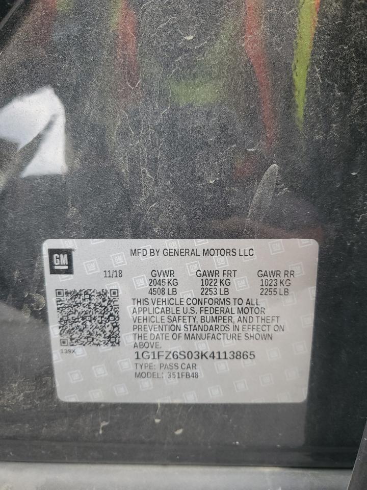 2019 Chevrolet Bolt Ev Premier VIN: 1G1FZ6S03K4113865 Lot: 83817055