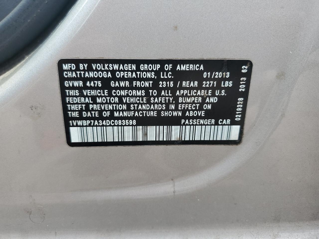 2013 Volkswagen Passat Se VIN: 1VWBP7A34DC083598 Lot: 71512225