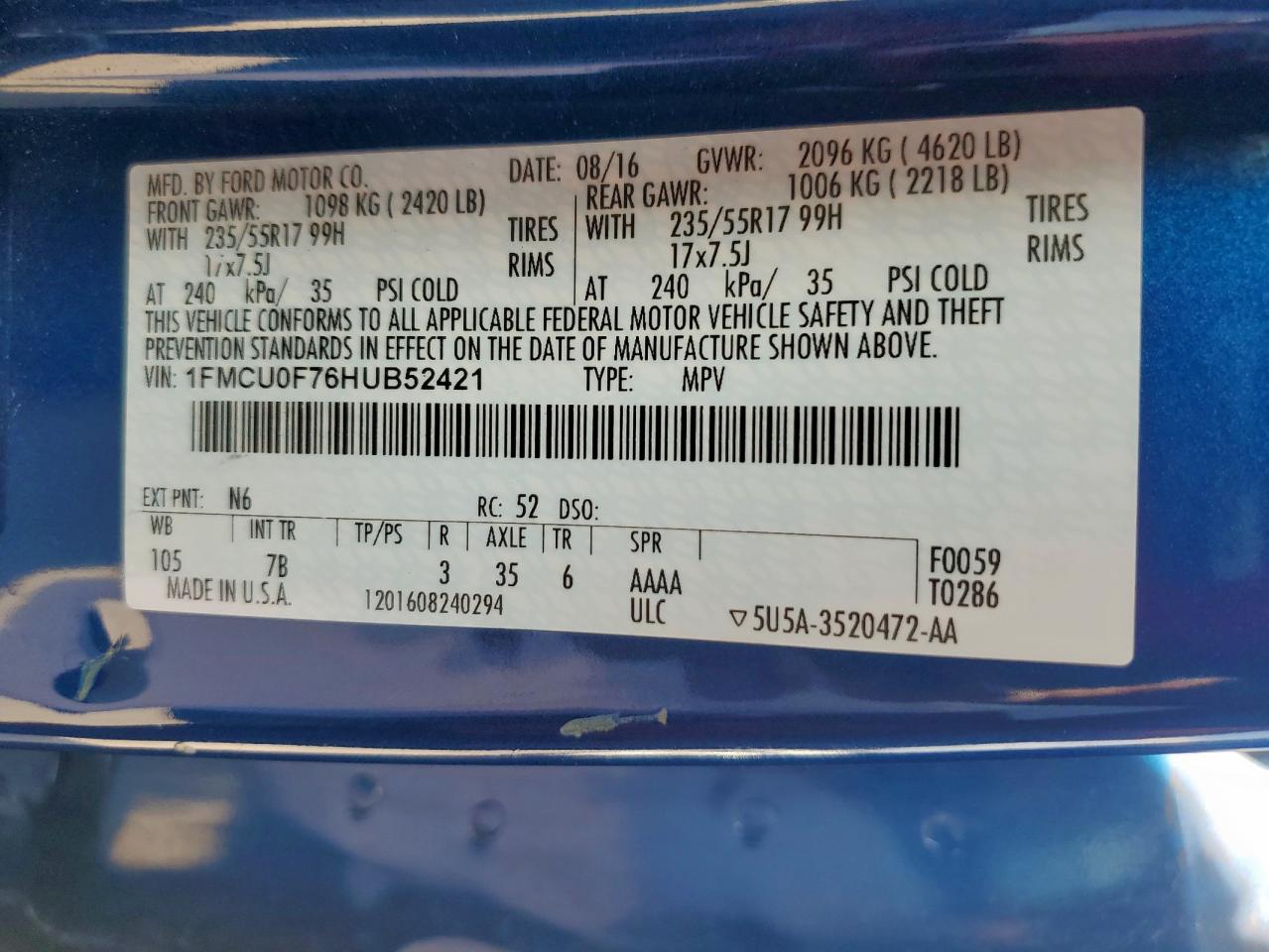 2017 Ford Escape S VIN: 1FMCU0F76HUB52421 Lot: 81324385