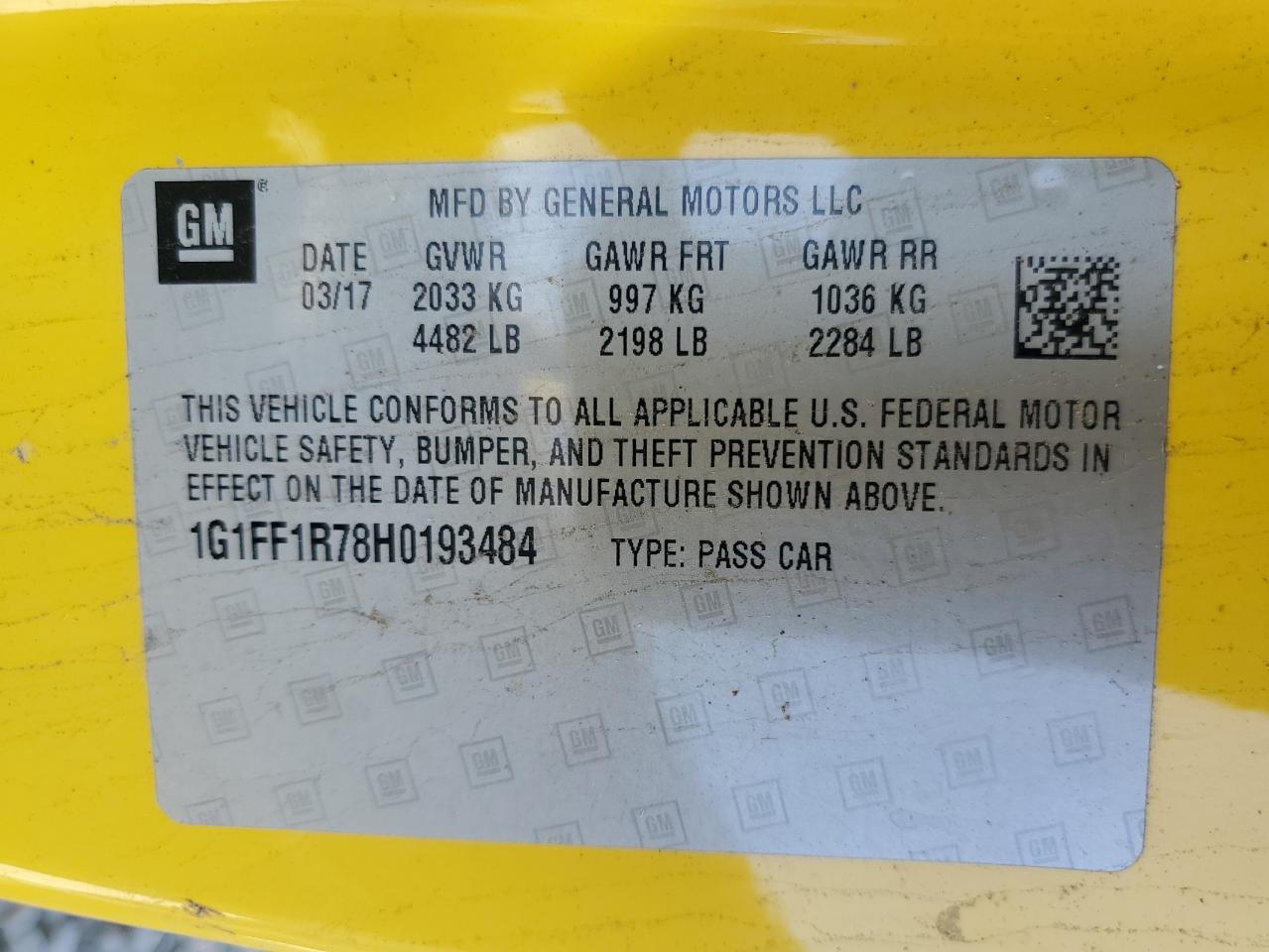 2017 Chevrolet Camaro Ss VIN: 1G1FF1R78H0193484 Lot: 81252185