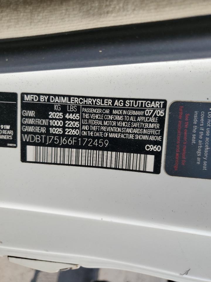 2006 Mercedes-Benz Clk 500 VIN: WDBTJ75J66F172459 Lot: 81066115