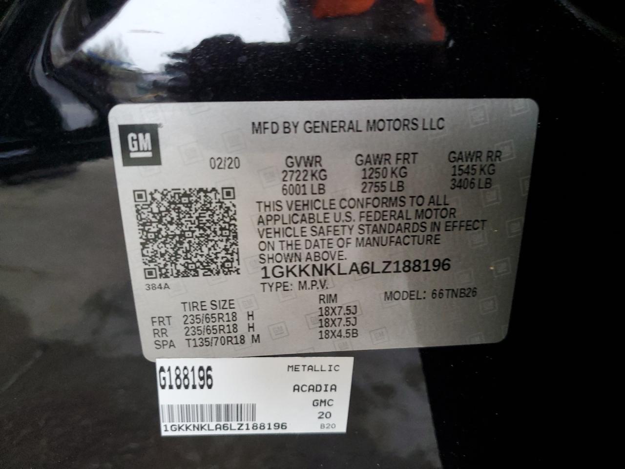 2020 GMC Acadia Sle VIN: 1GKKNKLA6LZ188196 Lot: 81093965