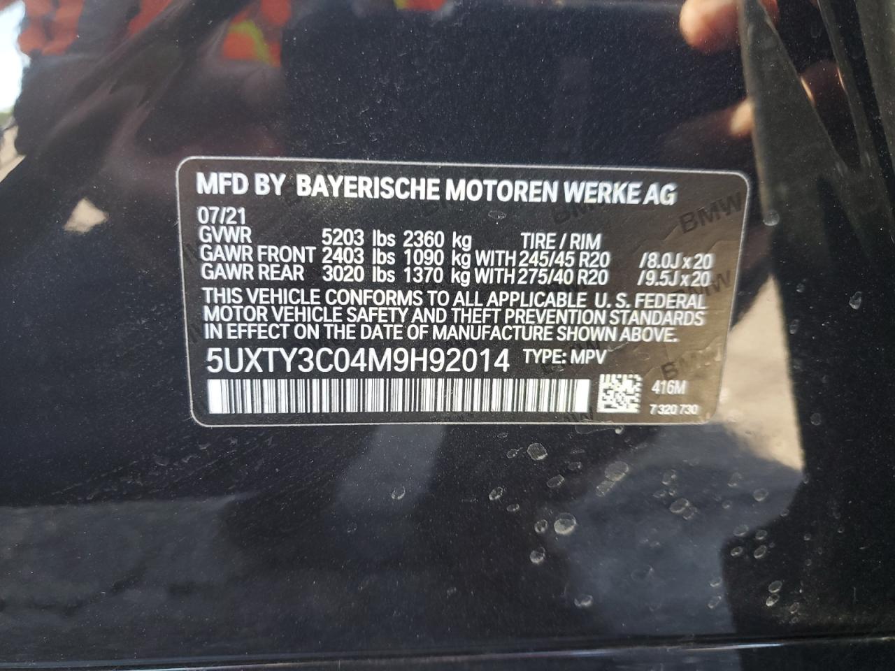 2021 BMW X3 Sdrive30I VIN: 5UXTY3C04M9H92014 Lot: 70639095