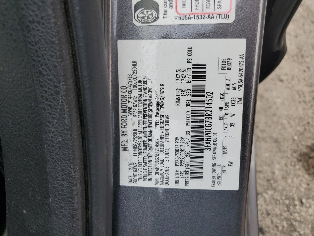 2011 Ford Fusion Sel VIN: 3FAHP0CG7BR214502 Lot: 81568845