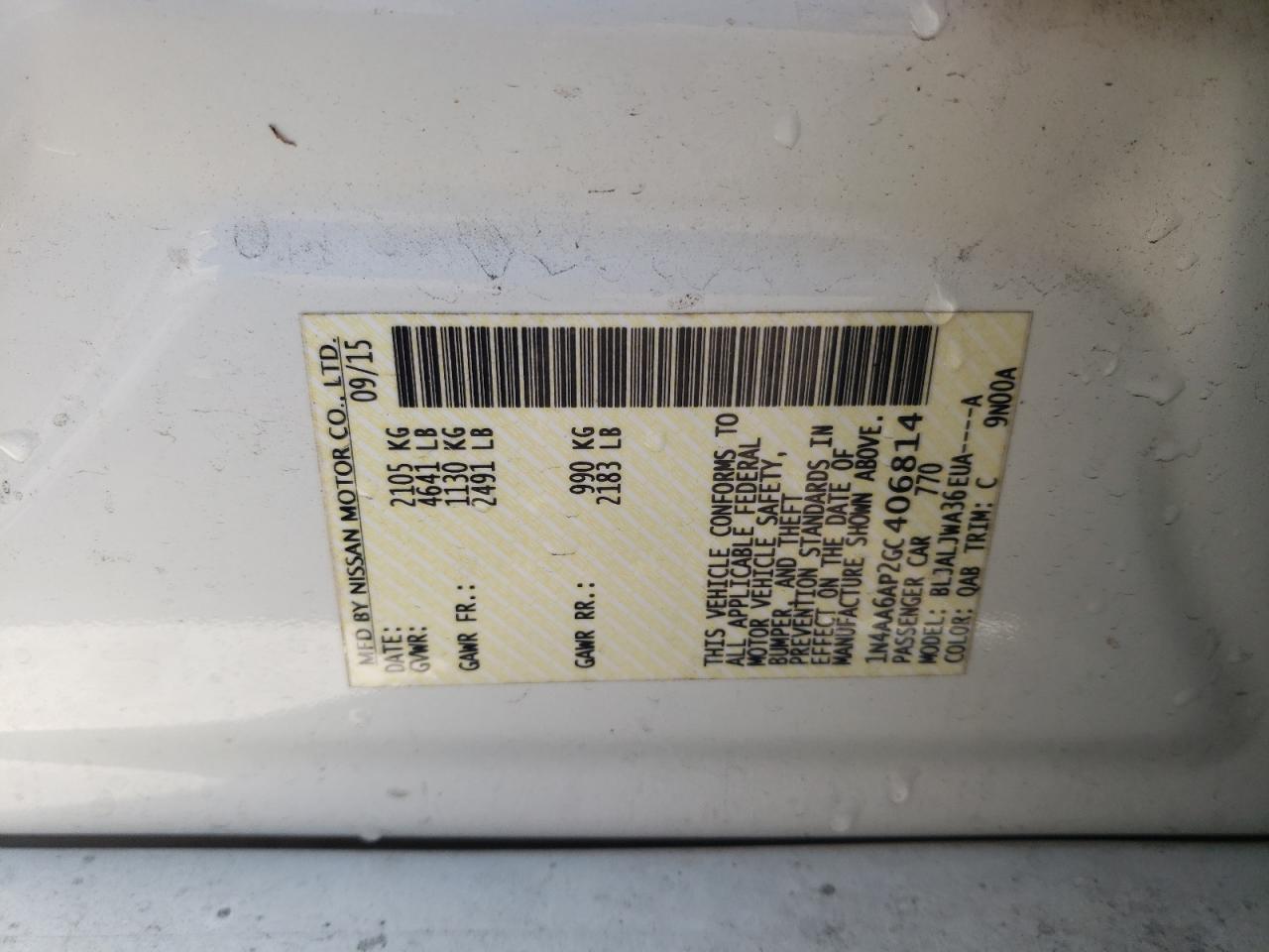 2016 Nissan Maxima 3.5S VIN: 1N4AA6AP2GC406814 Lot: 81023505