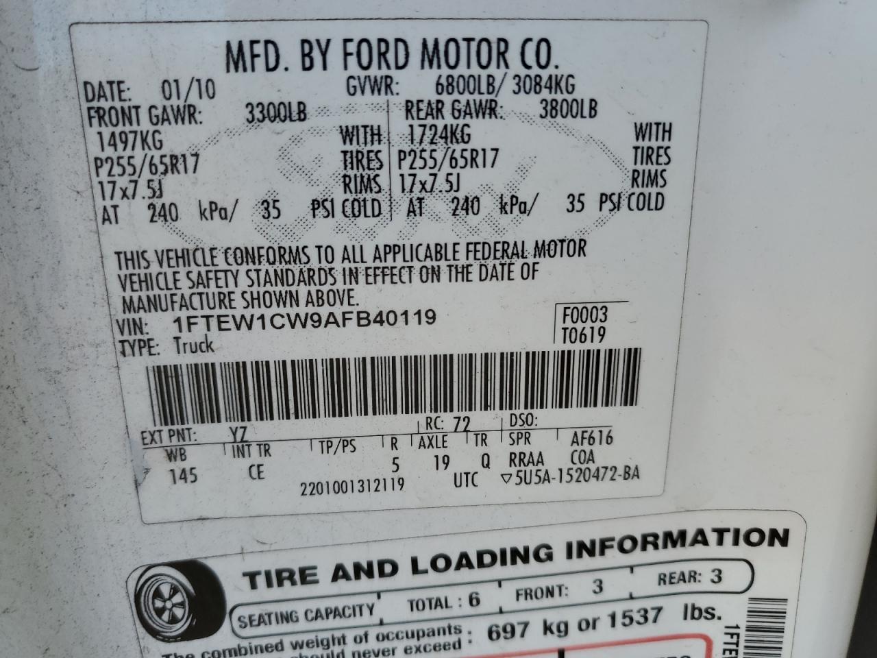 2010 Ford F150 Supercrew VIN: 1FTEW1CW9AFB40119 Lot: 71549555