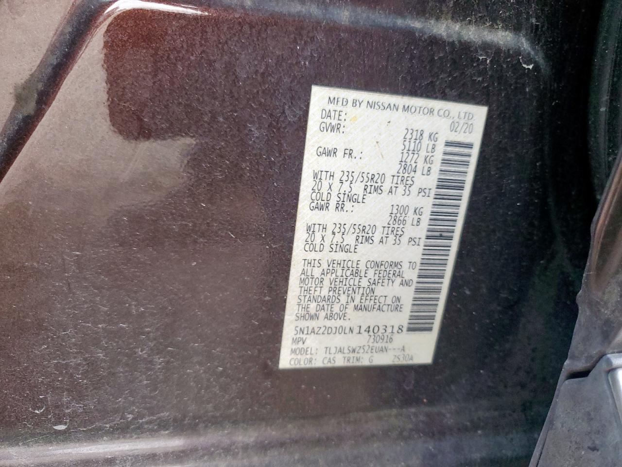 2020 Nissan Murano Platinum VIN: 5N1AZ2DJ0LN140318 Lot: 81925055