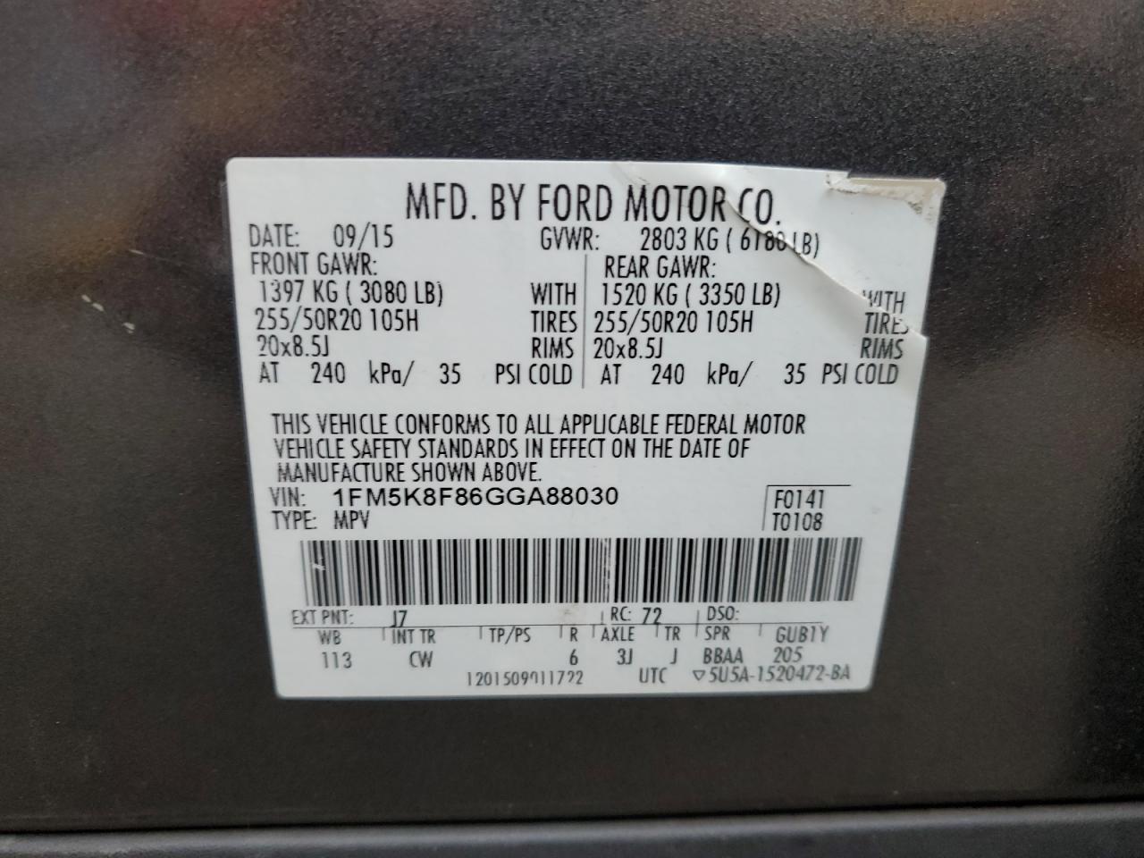 2016 Ford Explorer Limited VIN: 1FM5K8F86GGA88030 Lot: 70581655