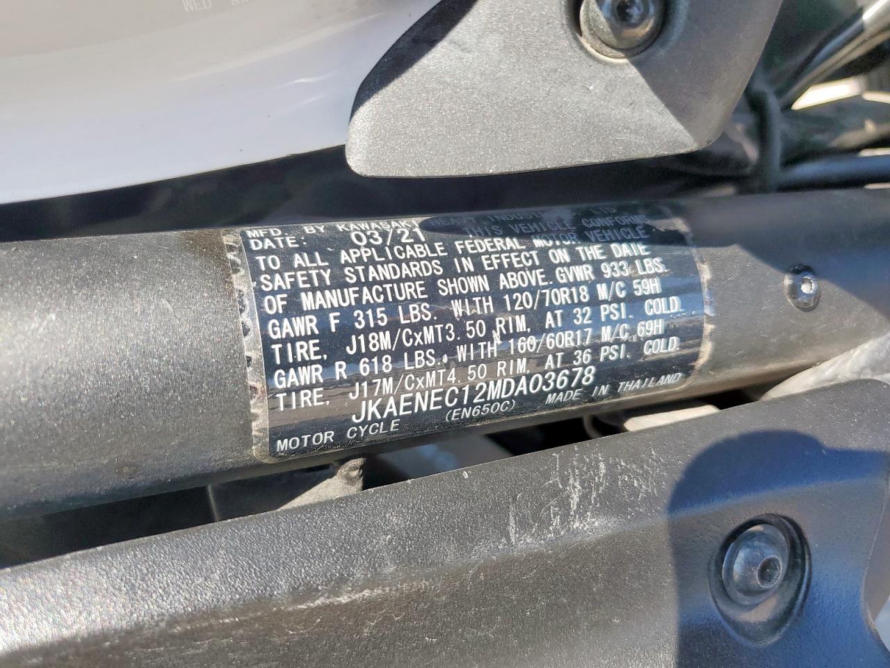 2021 Kawasaki En650 C VIN: JKAENEC12MDA03678 Lot: 80059605