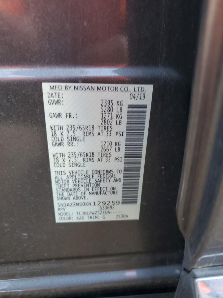 2019 Nissan Murano S VIN: 5N1AZ2MS0KN129259 Lot: 71662265
