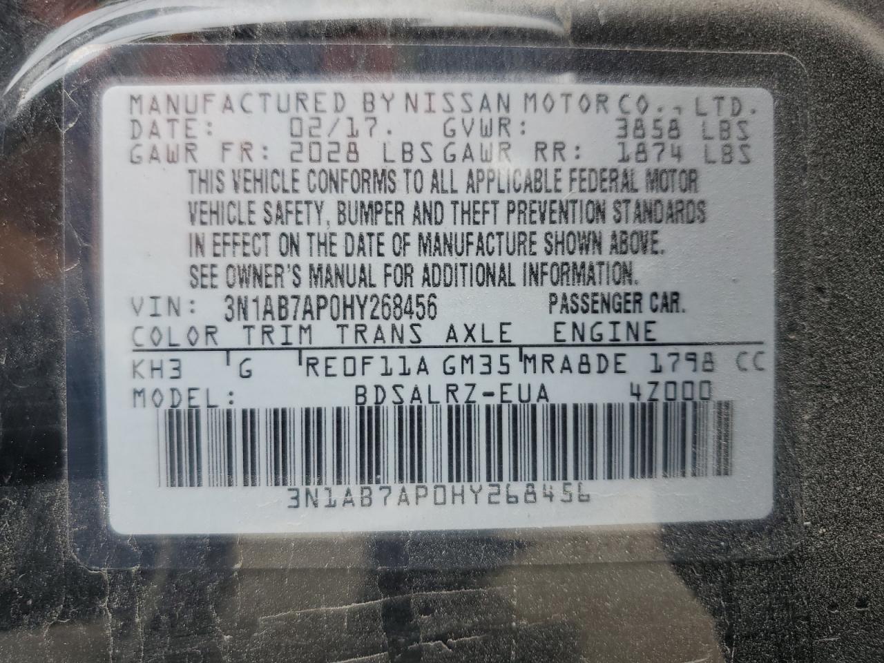 2017 Nissan Sentra S VIN: 3N1AB7AP0HY268456 Lot: 82106795