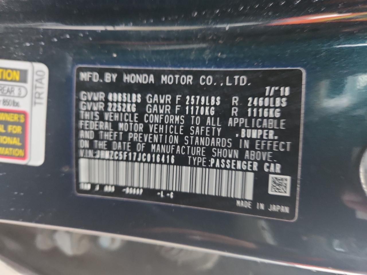 2018 Honda Clarity VIN: JHMZC5F17JC016416 Lot: 81525385