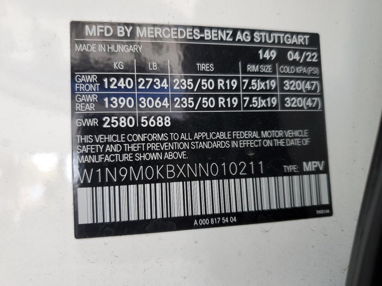 2022 Mercedes-Benz Eqb 300 4Matic VIN: W1N9M0KBXNN010211 Lot: 81803305