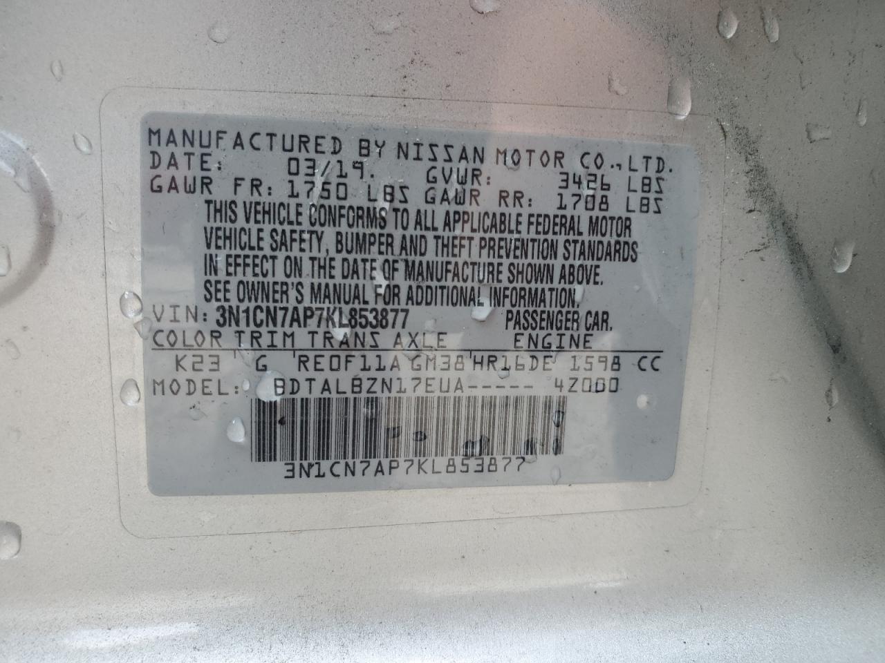 2019 Nissan Versa S VIN: 3N1CN7AP7KL853877 Lot: 80945485