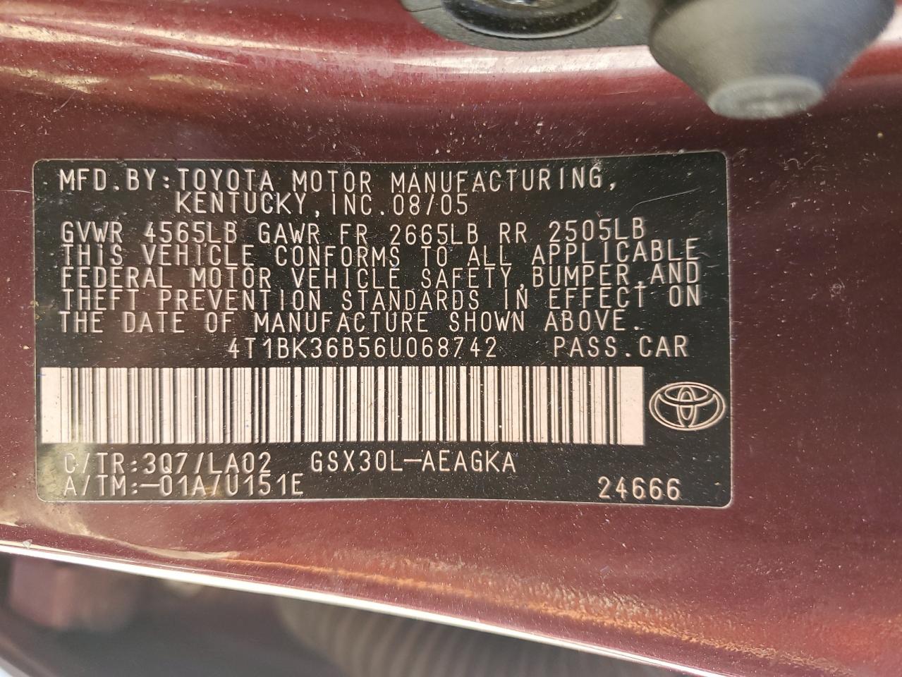 2006 Toyota Avalon Xl VIN: 4T1BK36B56U068742 Lot: 80166255