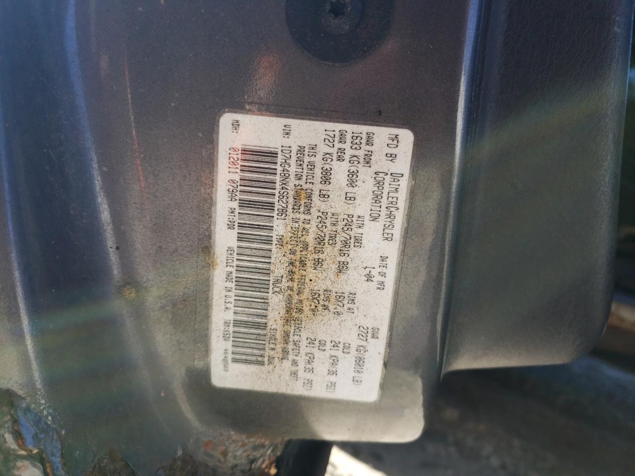 2002 Dodge Dakota Quad Slt VIN: 1D7HG48NX4S627861 Lot: 84426515