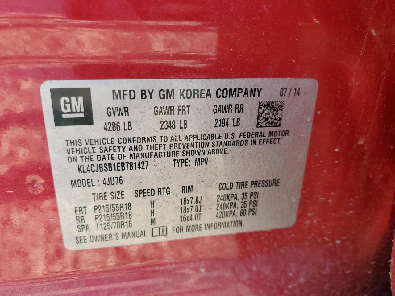 2014 Buick Encore Convenience VIN: KL4CJBSB1EB781427 Lot: 72044595