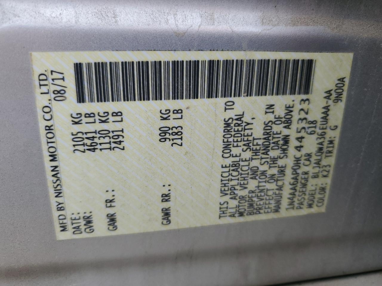 2017 Nissan Maxima 3.5S VIN: 1N4AA6AP0HC445323 Lot: 81587275