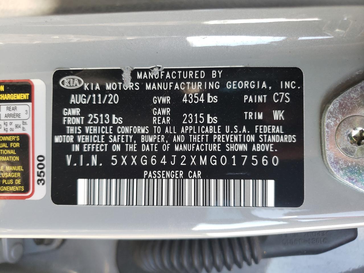 2021 Kia K5 Gt Line VIN: 5XXG64J2XMG017560 Lot: 81830175