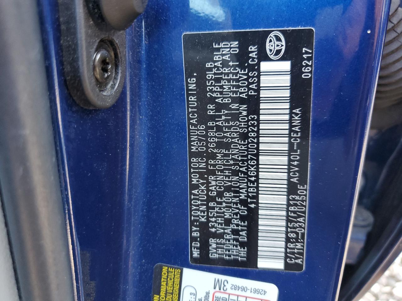 2007 Toyota Camry Ce VIN: 4T1BE46K67U028233 Lot: 80798005