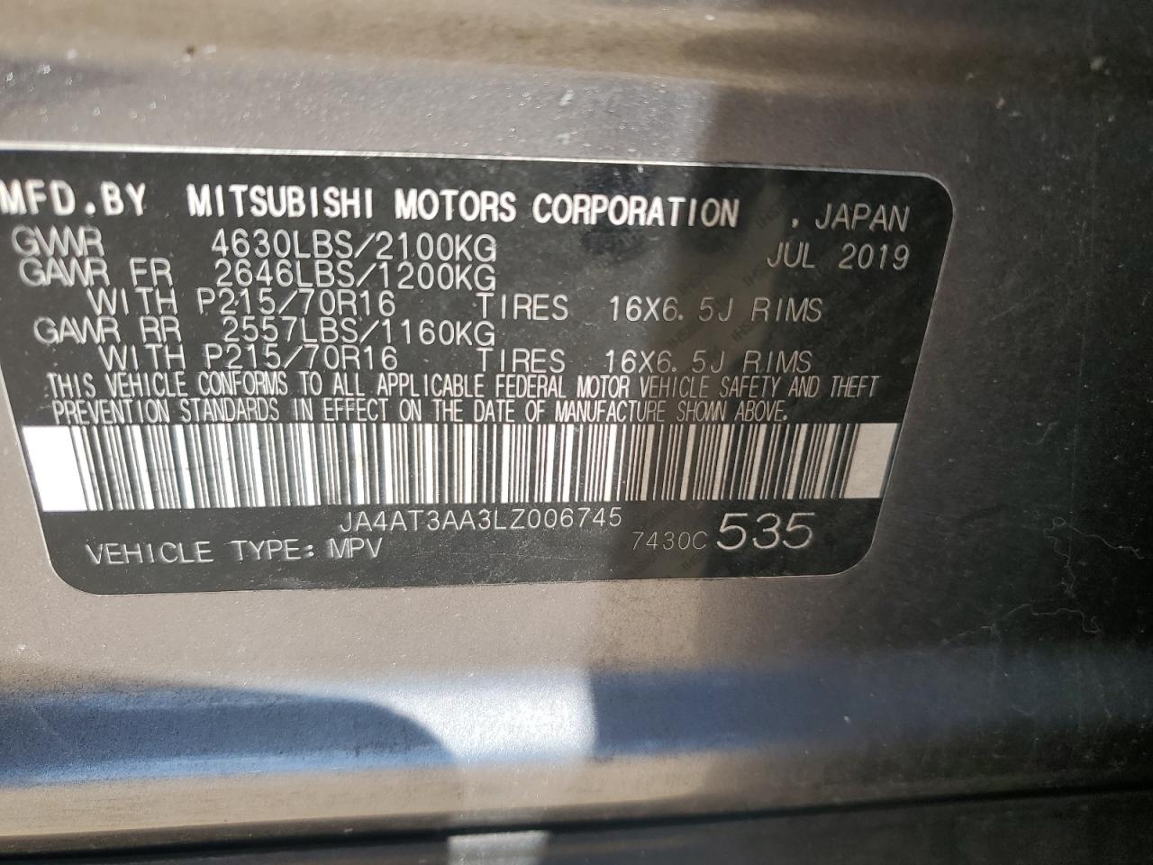 2020 Mitsubishi Eclipse Cross Es VIN: JA4AT3AA3LZ006745 Lot: 71485875