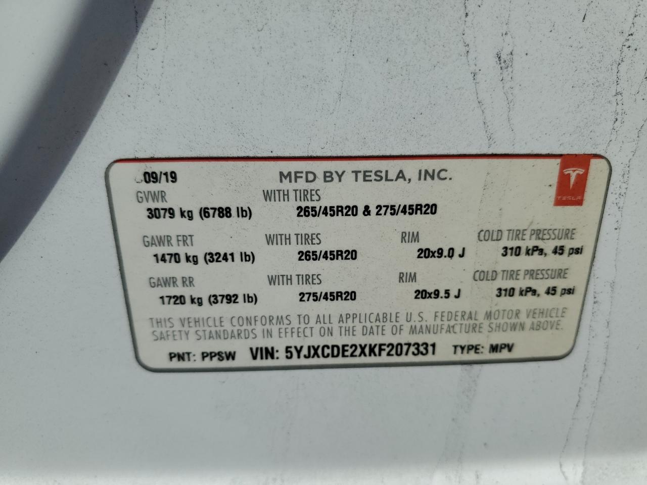 2019 Tesla Model X VIN: 5YJXCDE2XKF207331 Lot: 81294835