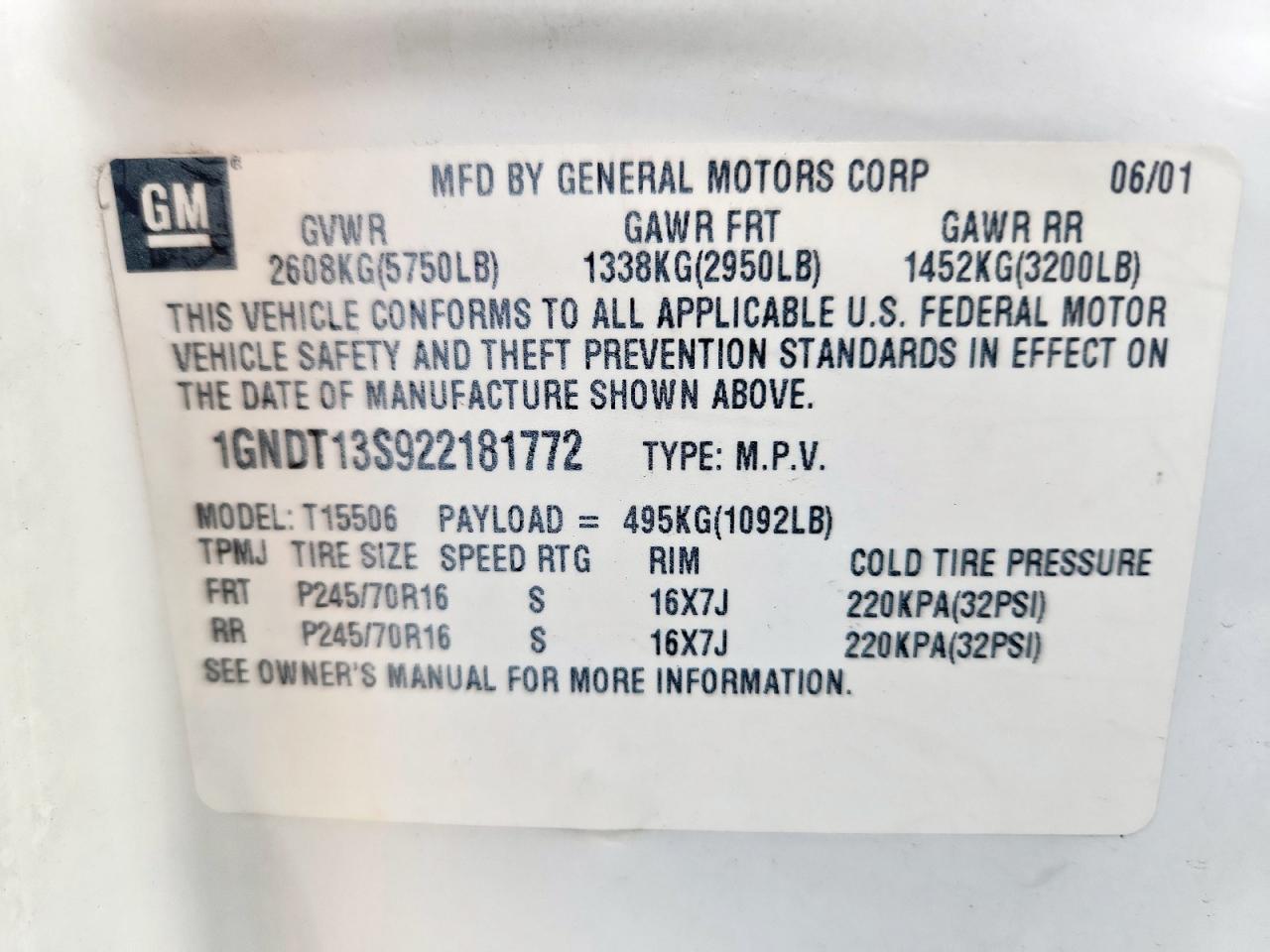 2002 Chevrolet Trailblazer VIN: 1GNDT13S922181772 Lot: 80696325