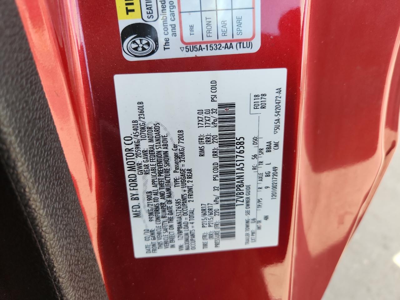 2010 Ford Mustang VIN: 1ZVBP8AN1A5176585 Lot: 83781375