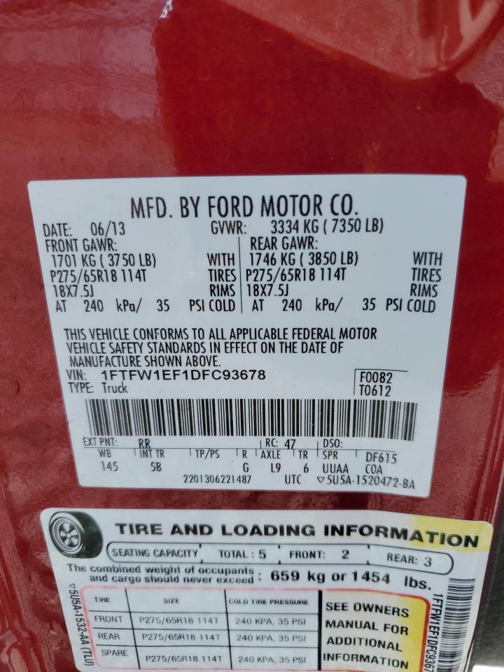 2013 Ford F150 Supercrew VIN: 1FTFW1EF1DFC93678 Lot: 81854435