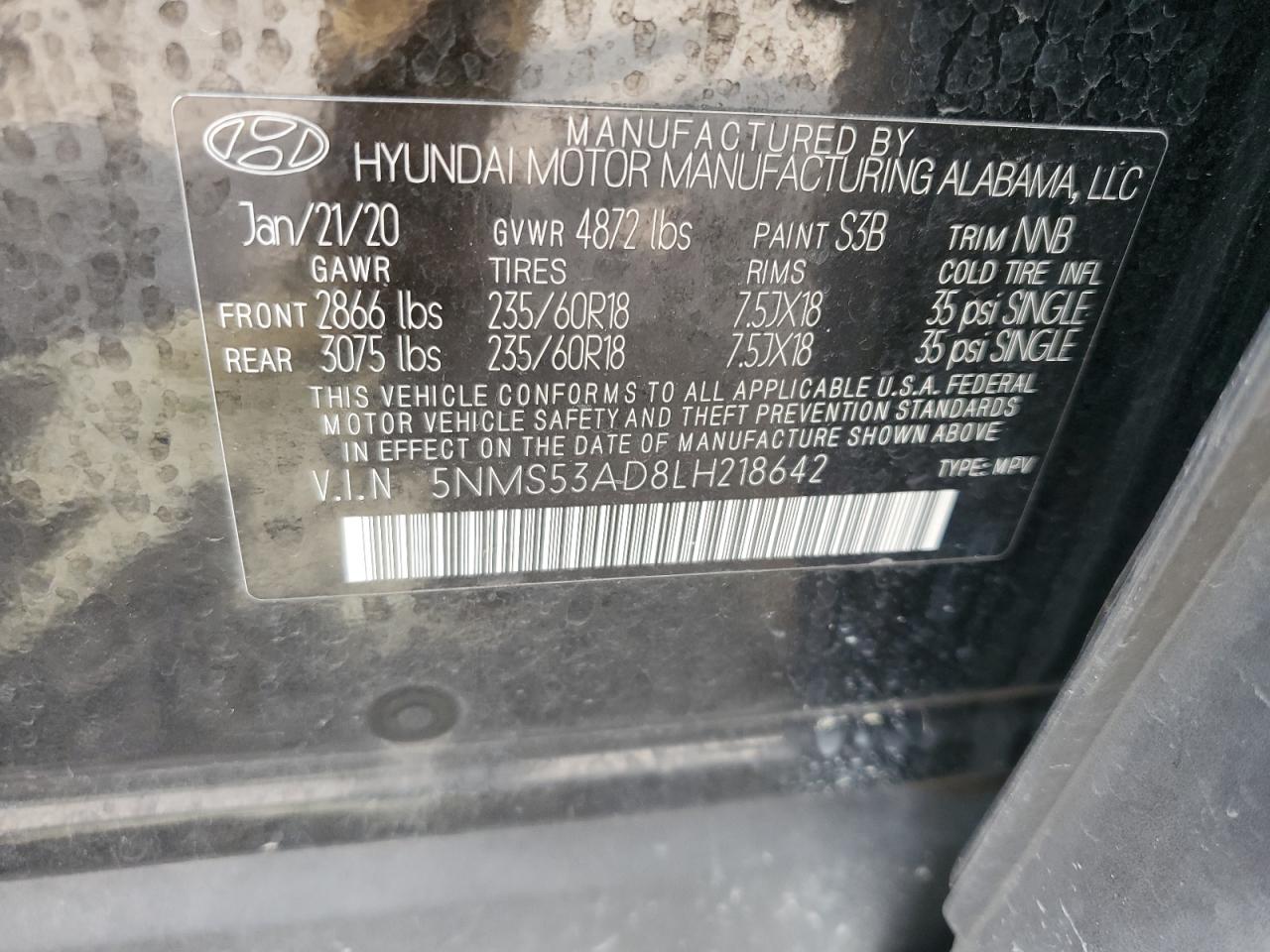 2020 Hyundai Santa Fe Limited VIN: 5NMS53AD8LH218642 Lot: 71436605