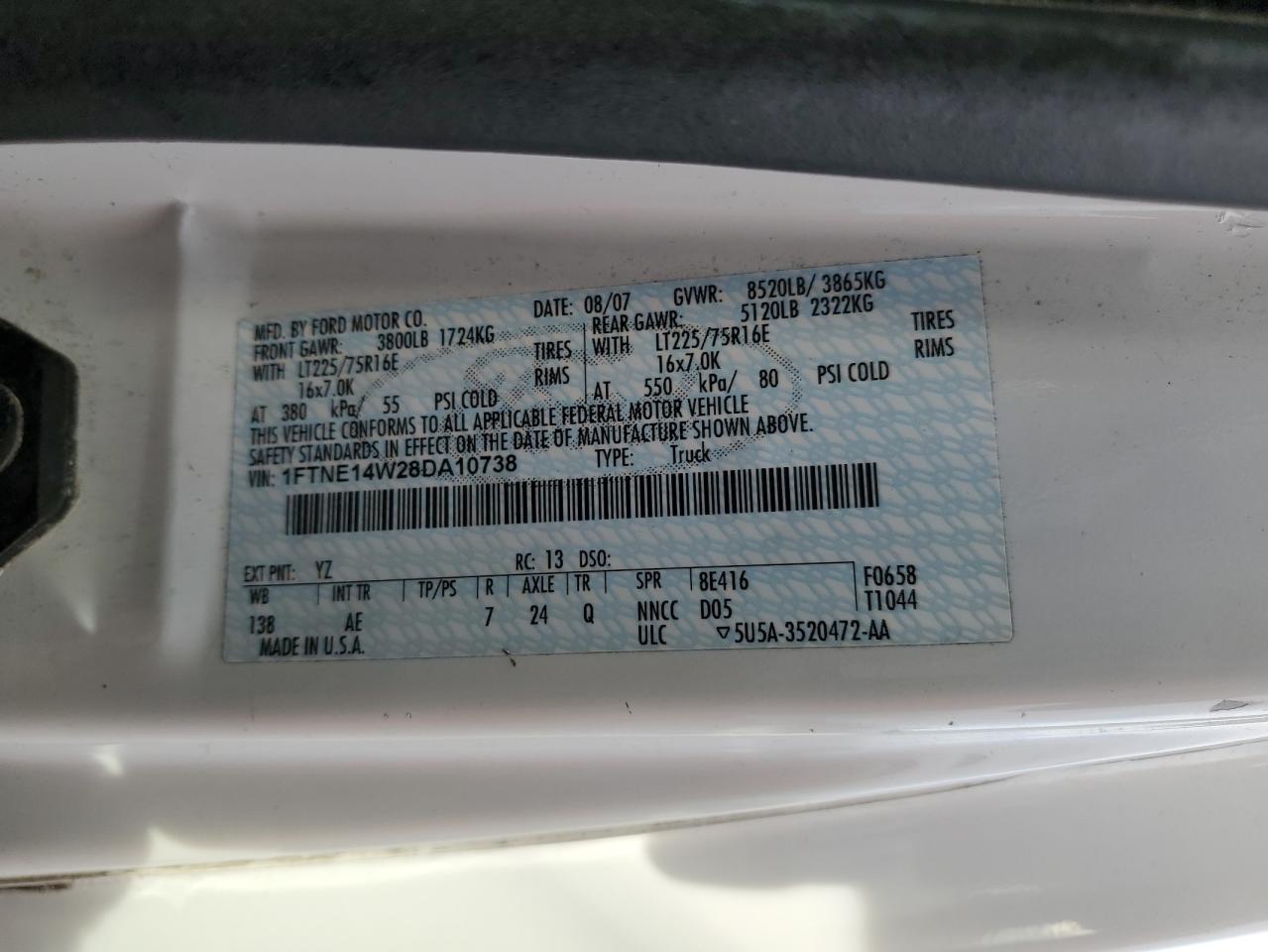 2008 Ford Econoline E150 Van VIN: 1FTNE14W28DA10738 Lot: 84266675