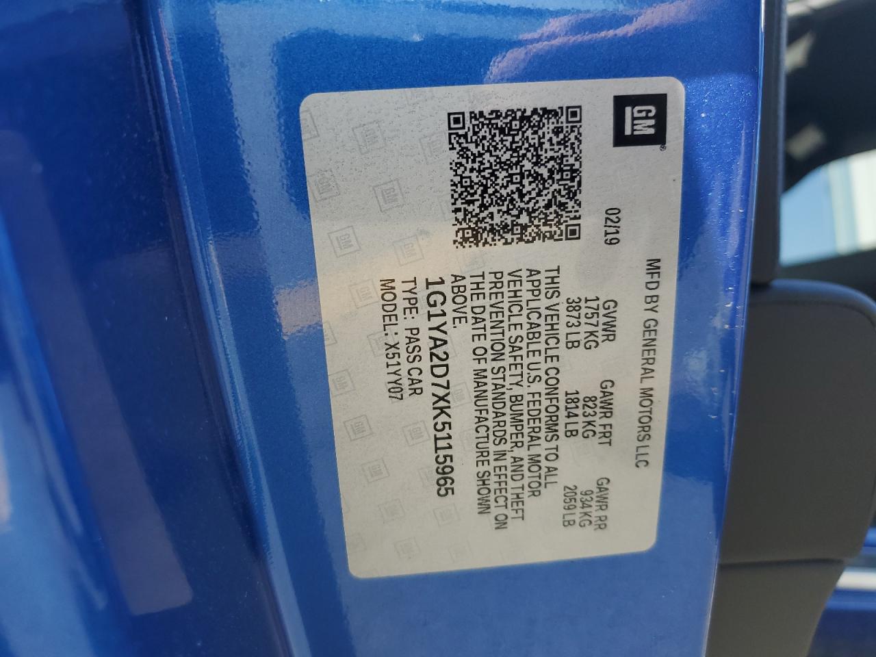 2019 Chevrolet Corvette Stingray 1Lt VIN: 1G1YA2D7XK5115965 Lot: 81497955