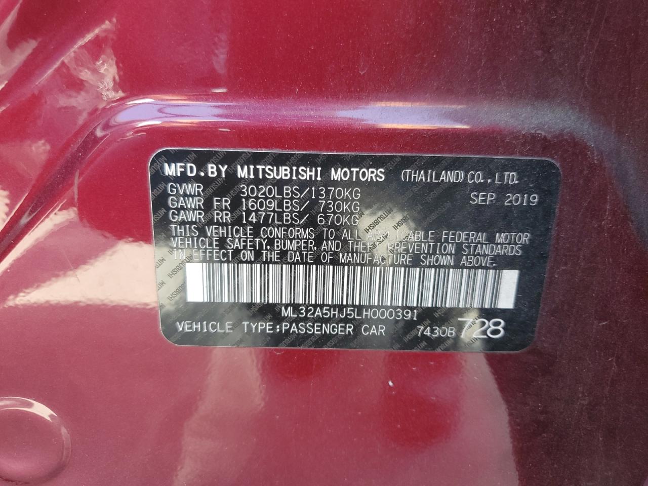 2020 Mitsubishi Mirage Le VIN: ML32A5HJ5LH000391 Lot: 71743795