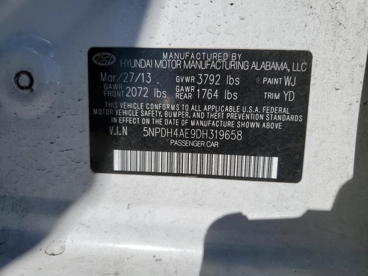 2013 Hyundai Elantra Gls VIN: 5NPDH4AE9DH319658 Lot: 72096655