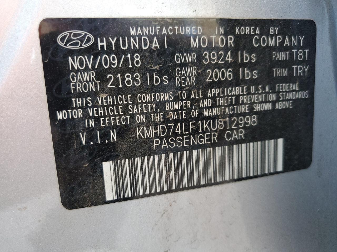 2019 Hyundai Elantra Se VIN: KMHD74LF1KU812998 Lot: 80670605