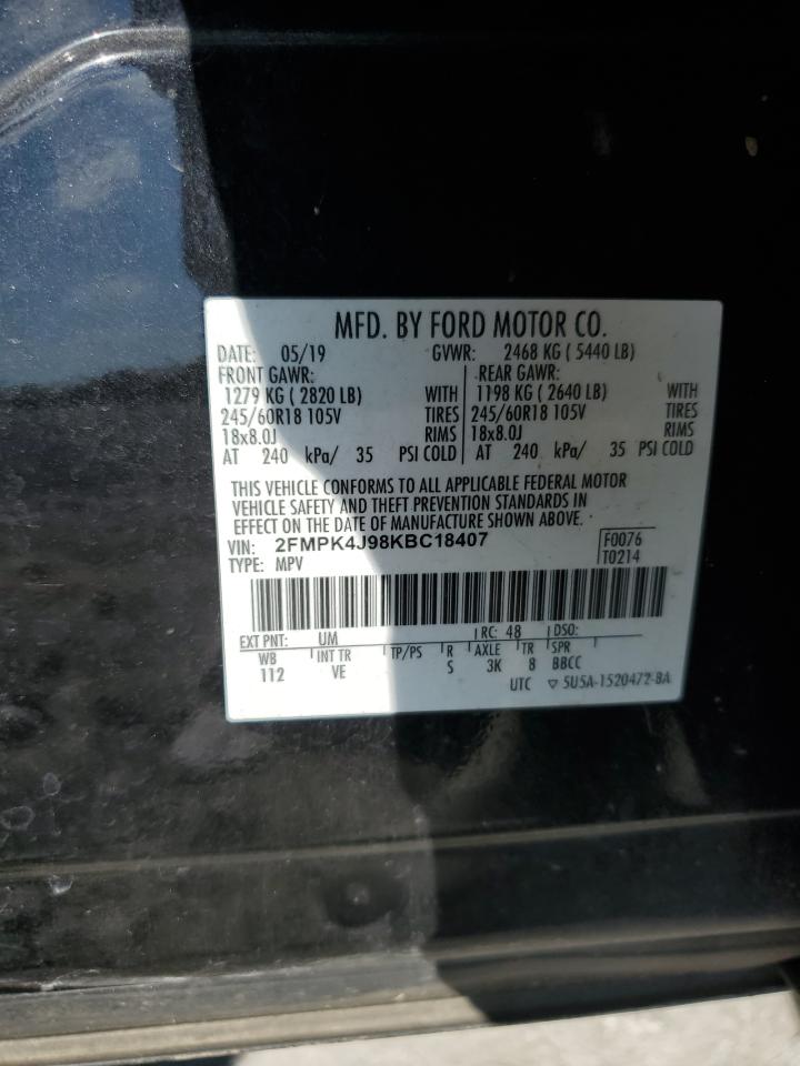 2019 Ford Edge Sel VIN: 2FMPK4J98KBC18407 Lot: 84910545