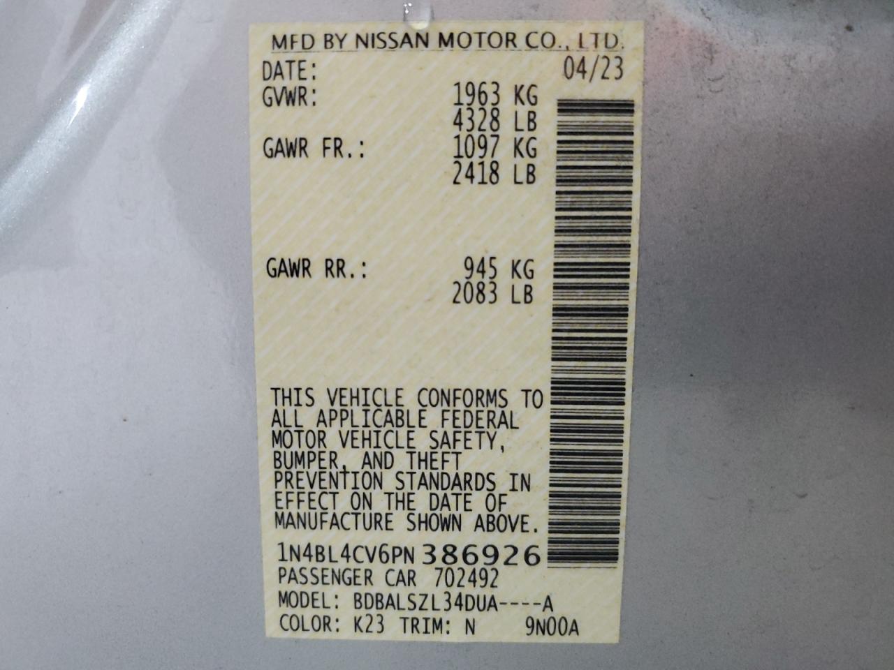 2023 Nissan Altima Sr VIN: 1N4BL4CV6PN386926 Lot: 84249485