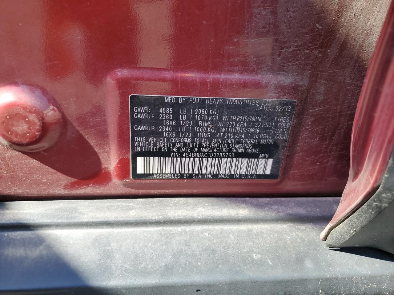 2013 Subaru Outback 2.5I VIN: 4S4BRBAC1D3285763 Lot: 80853245