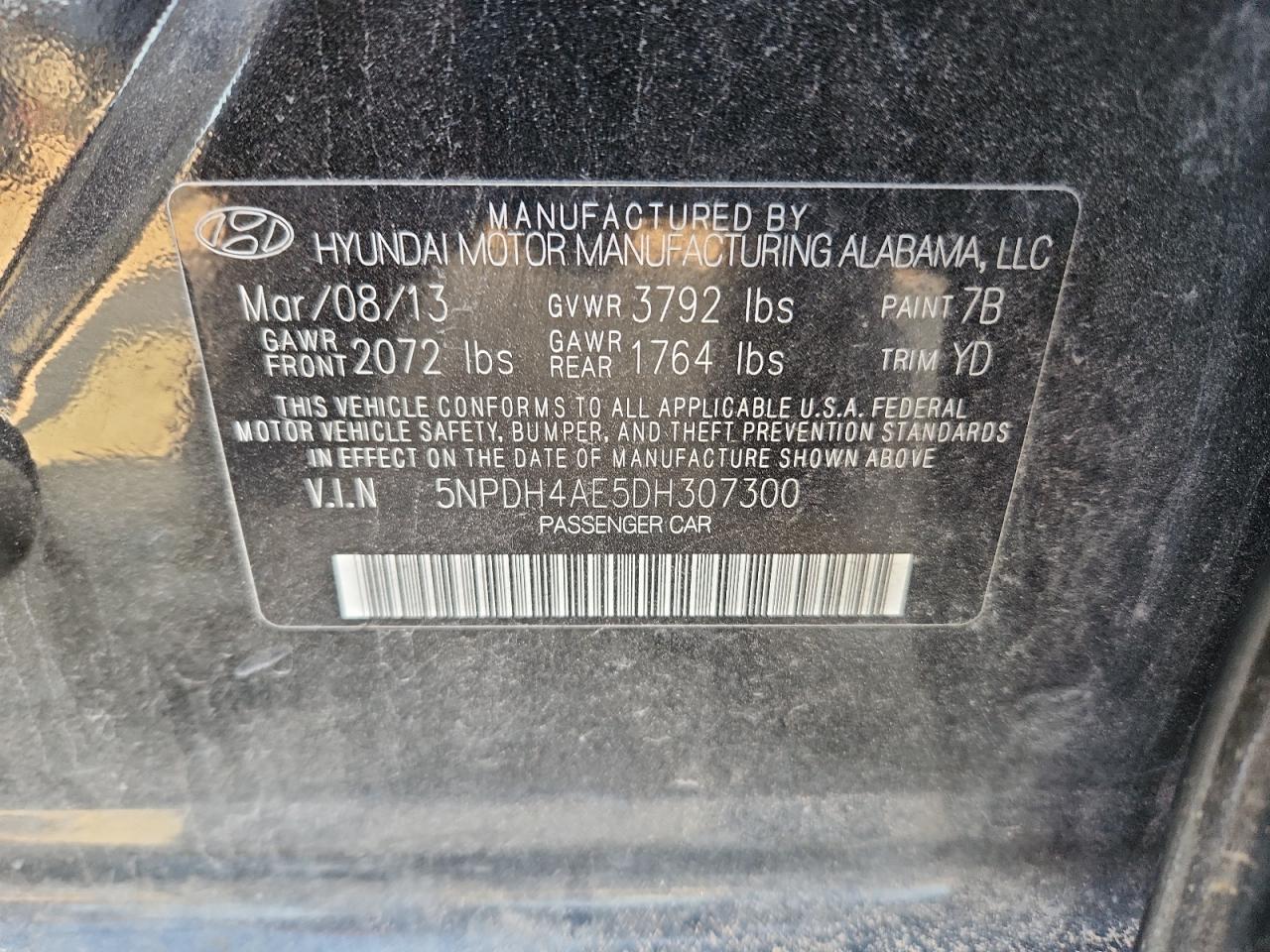 2013 Hyundai Elantra Gls VIN: 5NPDH4AE5DH307300 Lot: 81010135