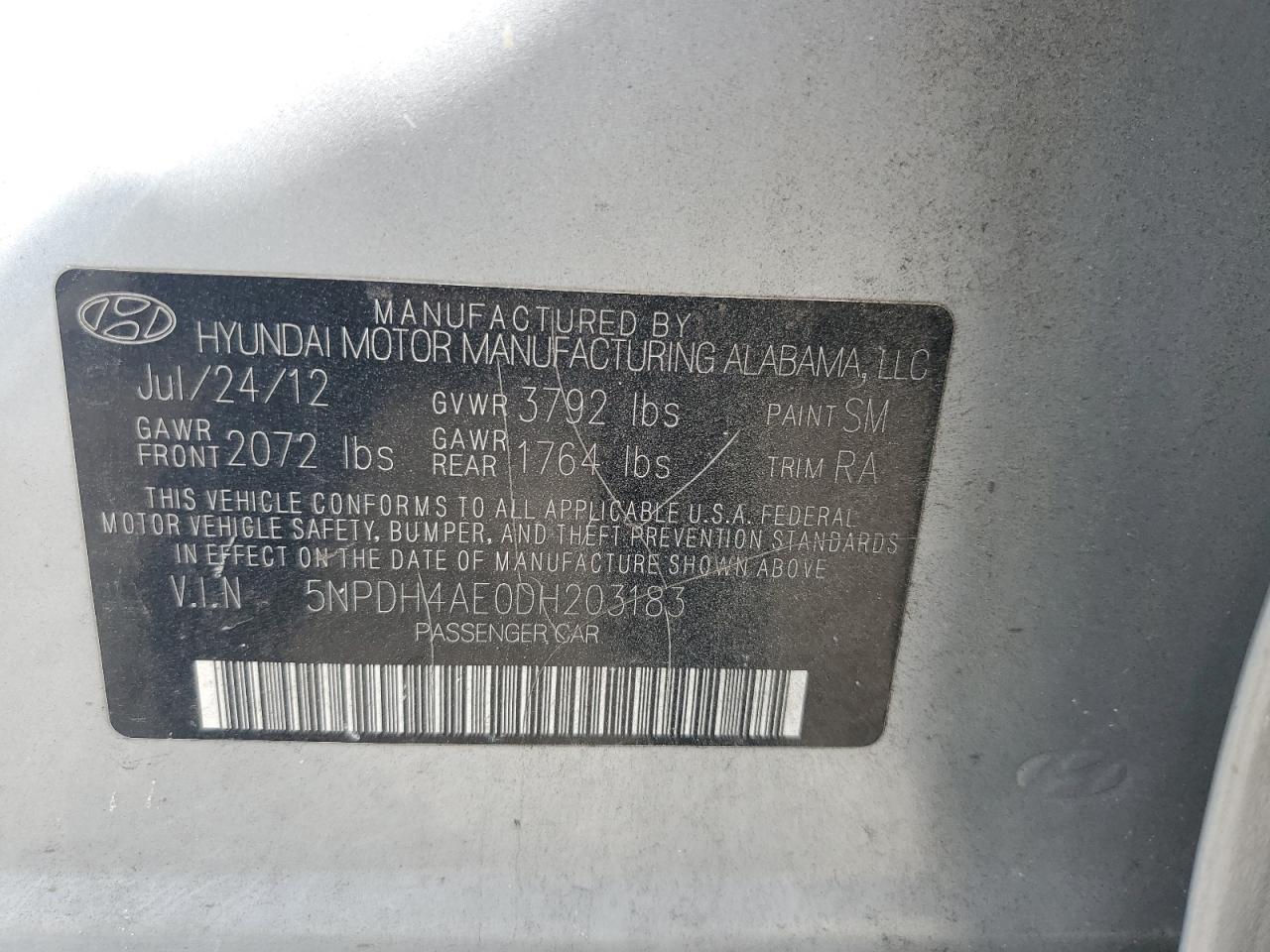 2013 Hyundai Elantra Gls VIN: 5NPDH4AE0DH203183 Lot: 83843595