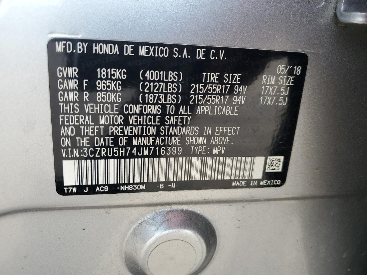 2018 Honda Hr-V Exl VIN: 3CZRU5H74JM716399 Lot: 80256275